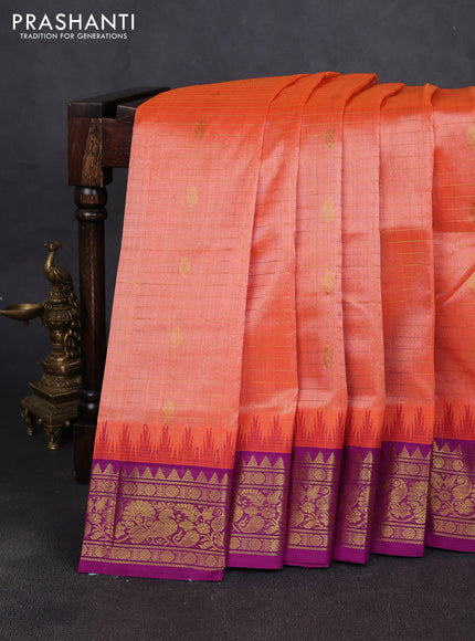Silk cotton saree orange and purple with allover zari checks & buttas and temple design zari woven korvai border