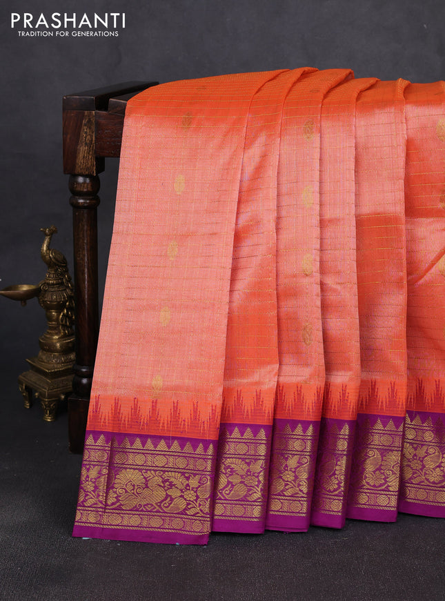 Silk cotton saree orange and purple with allover zari checks & buttas and temple design zari woven korvai border