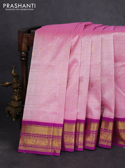 Silk cotton saree light pink and purple with allover zari checks & paisley buttas and zari woven korvai border