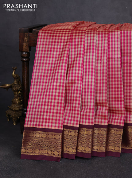 Silk cotton saree pink and deep wine with allover checked pattern and rudhraksha zari woven korvai border