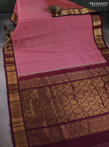 Silk cotton saree pink and deep wine with allover checked pattern and rudhraksha zari woven korvai border
