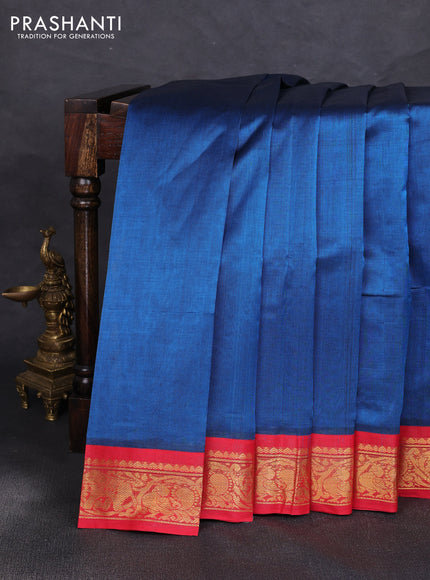 Silk cotton saree peacock blue and red with plain body and zari woven korvai border
