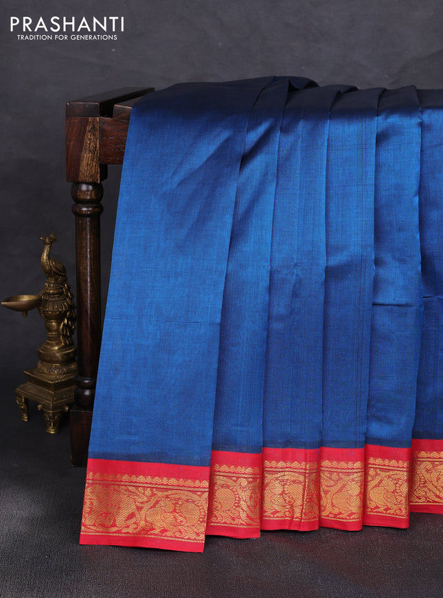 Silk cotton saree peacock blue and red with plain body and zari woven korvai border