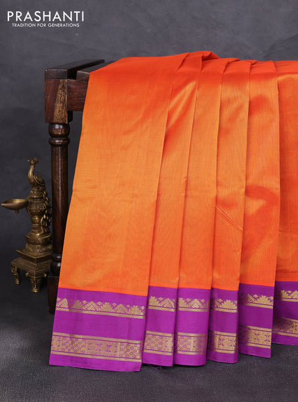 Silk cotton saree sunset orange and purple with plain body and rettapet zari woven korvai border