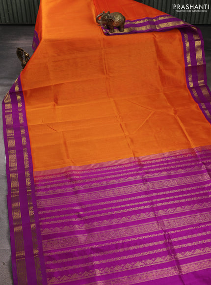 Silk cotton saree sunset orange and purple with plain body and rettapet zari woven korvai border
