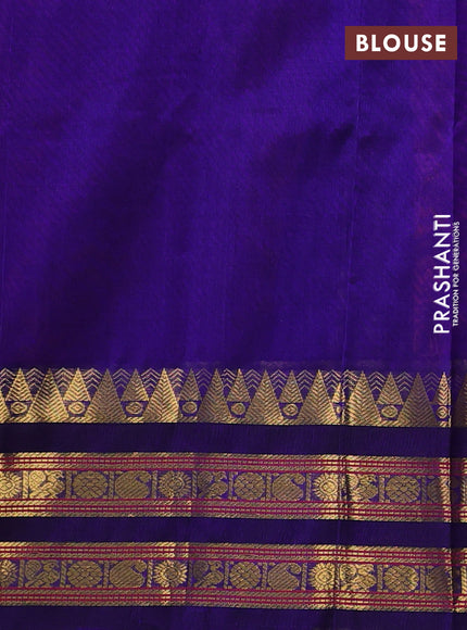 Silk cotton saree peach pink and blue with allover zari checked pattern and temple zari woven korvai border