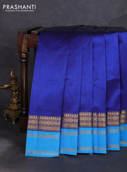 Silk cotton saree peacock blue and cs blue with plain body and temple design rettapet zari woven border