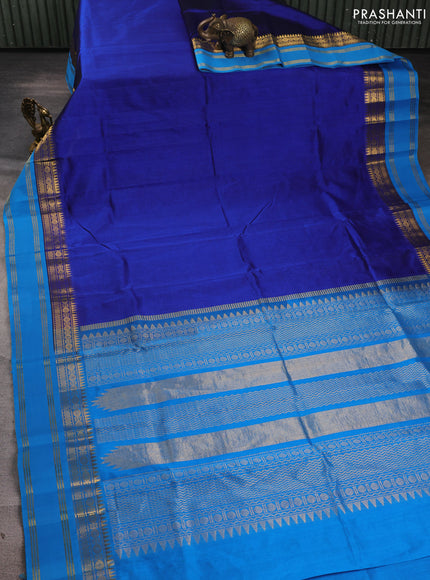 Silk cotton saree peacock blue and cs blue with plain body and temple design rettapet zari woven border