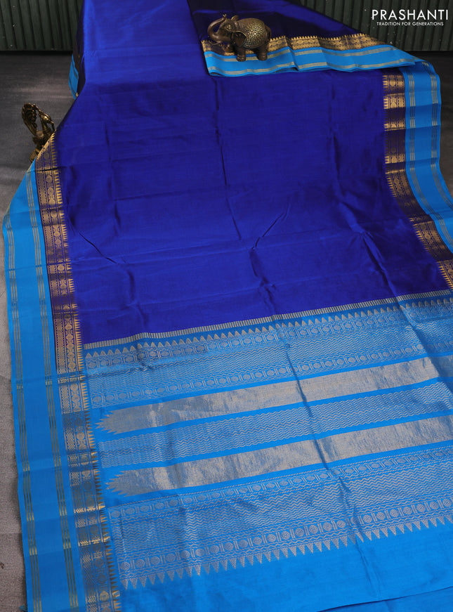 Silk cotton saree peacock blue and cs blue with plain body and temple design rettapet zari woven border