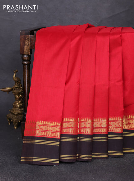 Silk cotton saree red and coffee brown with plain body and temple design rettapet zari woven border