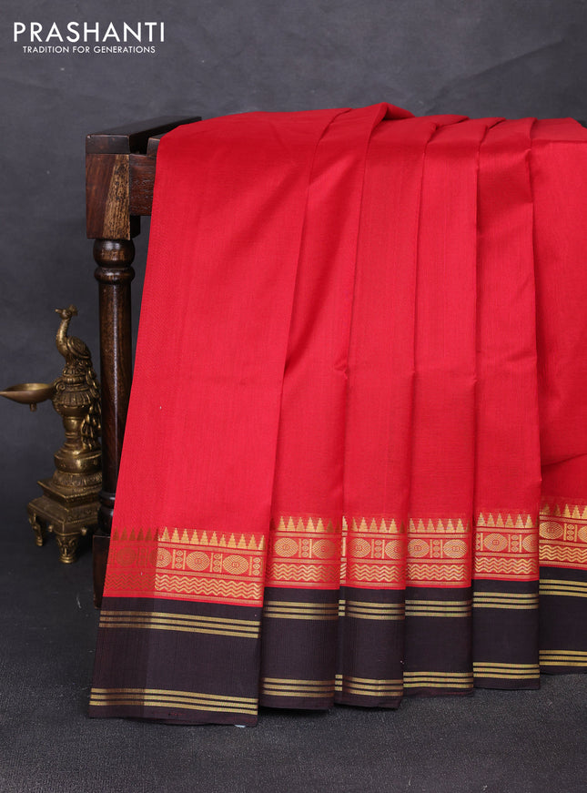 Silk cotton saree red and coffee brown with plain body and temple design rettapet zari woven border
