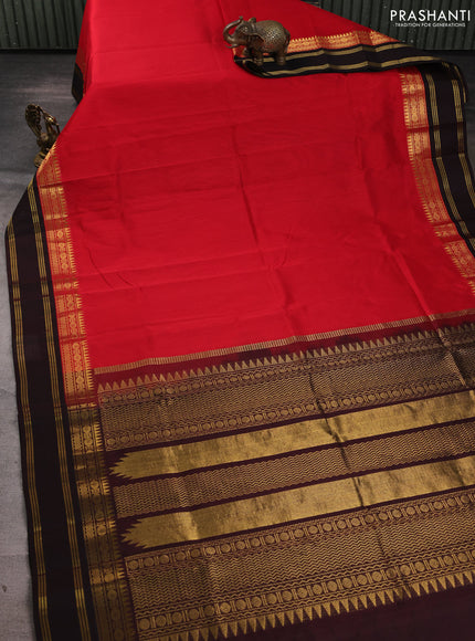 Silk cotton saree red and coffee brown with plain body and temple design rettapet zari woven border