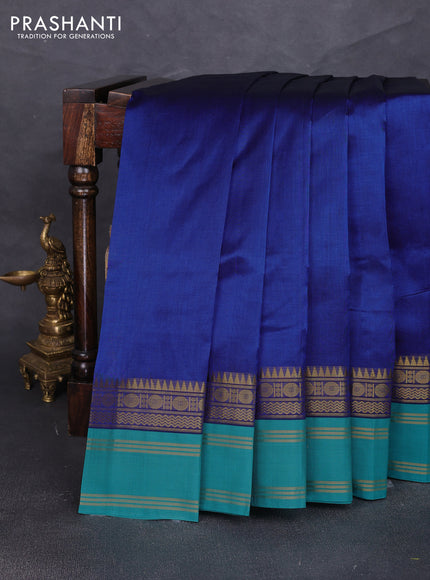 Silk cotton saree peacock blue and teal blue with plain body and temple design rettapet zari woven border