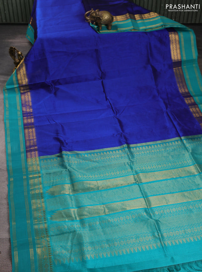 Silk cotton saree peacock blue and teal blue with plain body and temple design rettapet zari woven border