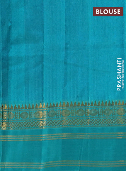 Silk cotton saree peacock blue and teal blue with plain body and temple design rettapet zari woven border
