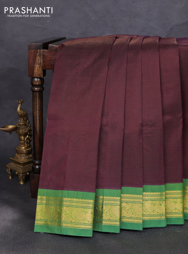 Silk cotton saree deep maroon and green with allover vairaosi pattern and zari woven korvai border