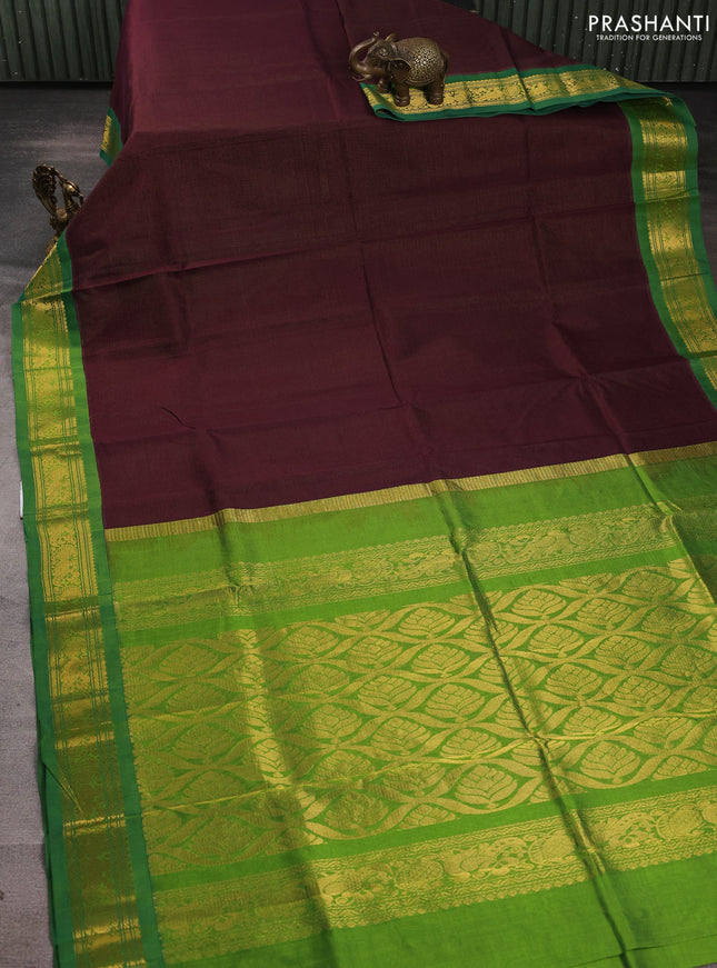 Silk cotton saree deep maroon and green with allover vairaosi pattern and zari woven korvai border