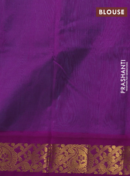 Silk cotton saree teal blue and purple with plain body and zari woven korvai border