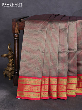 Silk cotton saree grey and red with allover small checked pattern and zari woven korvai border