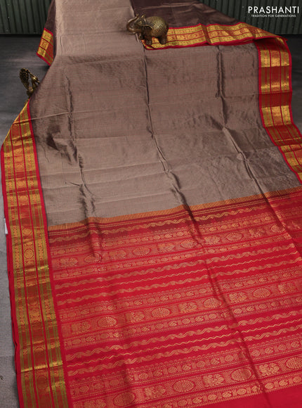Silk cotton saree grey and red with allover small checked pattern and zari woven korvai border