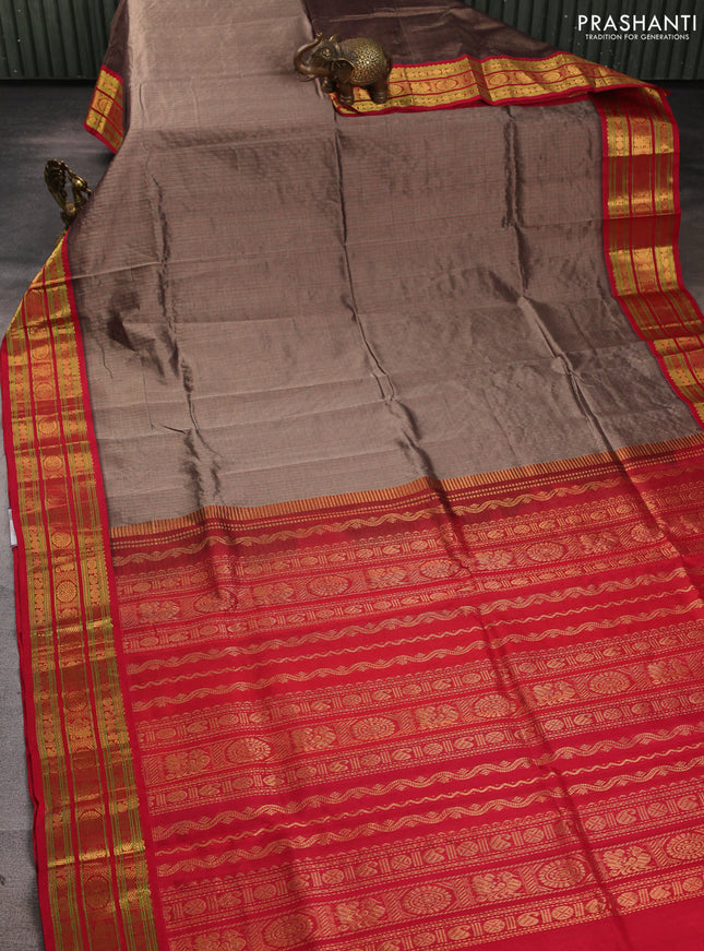 Silk cotton saree grey and red with allover small checked pattern and zari woven korvai border