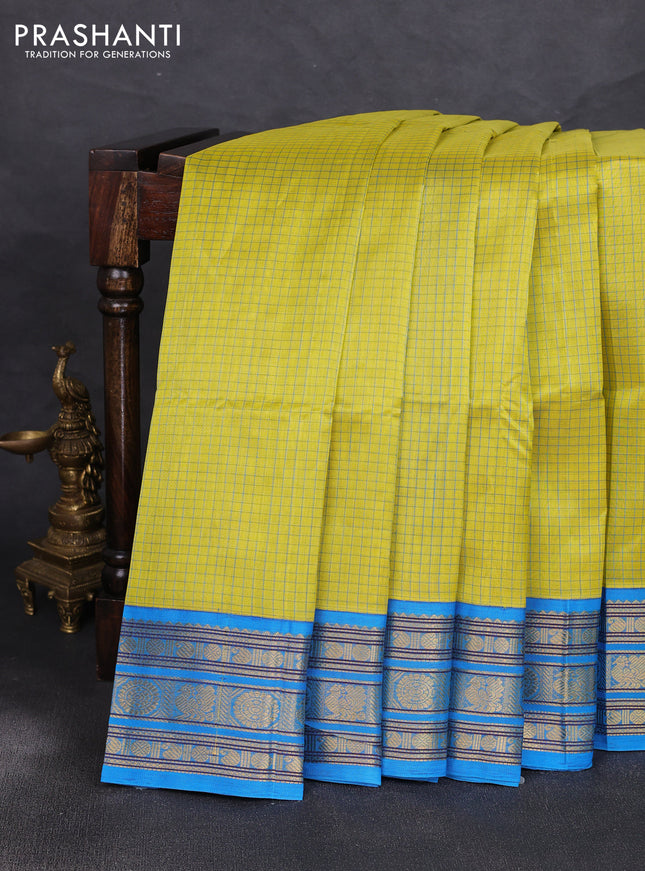 Silk cotton saree lime green and cs blue with allover small checked pattern and zari woven korvai border