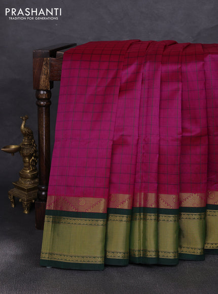Silk cotton saree dark pink and bottle green with allover small checked pattern and temple zari woven korvai border