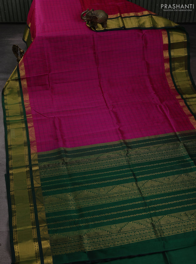 Silk cotton saree dark pink and bottle green with allover small checked pattern and temple zari woven korvai border