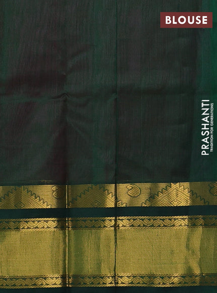 Silk cotton saree dark pink and bottle green with allover small checked pattern and temple zari woven korvai border