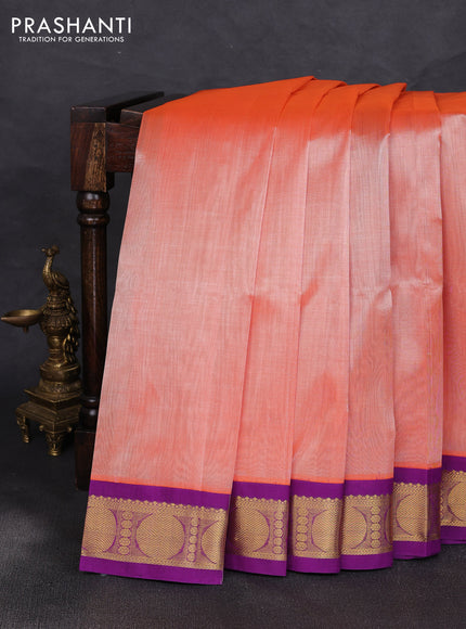 Silk cotton saree peach orange and purple with plain body and rudraksha zari woven korvai border