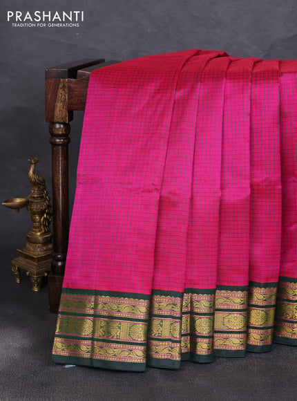 Silk cotton saree dark pink and bottle green with allover small checked pattern and zari woven korvai border
