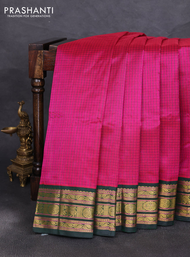 Silk cotton saree dark pink and bottle green with allover small checked pattern and zari woven korvai border