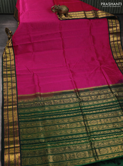 Silk cotton saree dark pink and bottle green with allover small checked pattern and zari woven korvai border