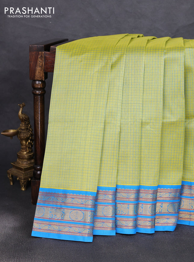 Silk cotton saree lime green and teal blue with allover small checked pattern and zari woven korvai border