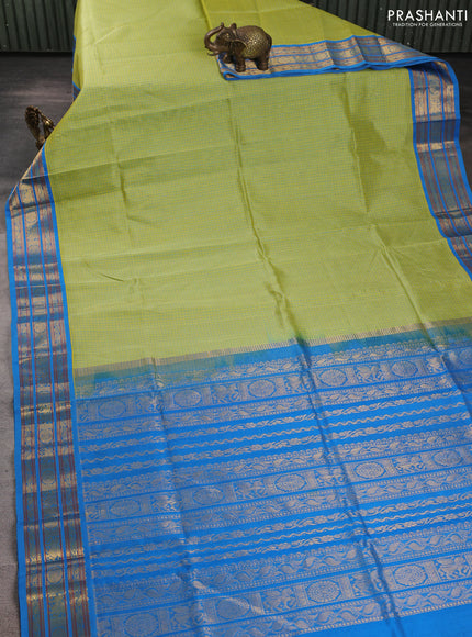 Silk cotton saree lime green and teal blue with allover small checked pattern and zari woven korvai border
