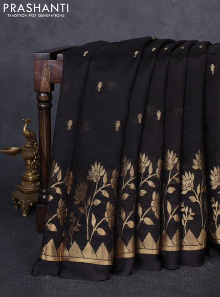 Art kota silk saree black and orange with allover zari woven buttas and floral zari woven border