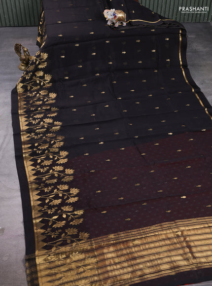 Art kota silk saree black and orange with allover zari woven buttas and floral zari woven border