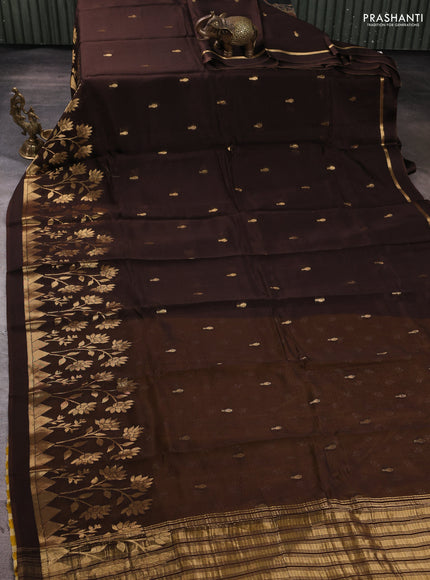 Art kota silk saree coffee brown and mustard yellow with allover zari woven buttas and floral zari woven border