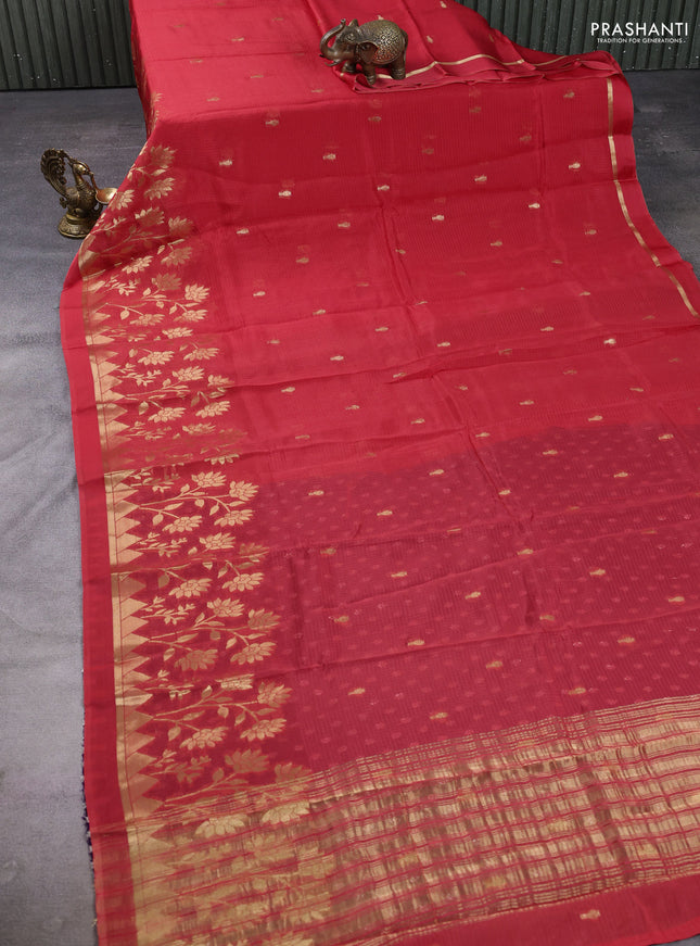 Art kota silk saree orange and violet with allover zari woven buttas and floral zari woven border