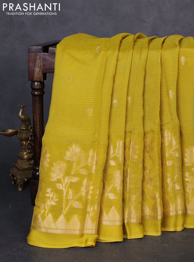 Art kota silk saree mustard green and violet with allover zari woven buttas and floral zari woven border