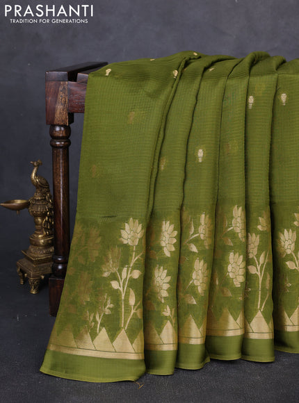 Art kota silk saree mehendi green and mustard yellow with allover zari woven buttas and floral zari woven border