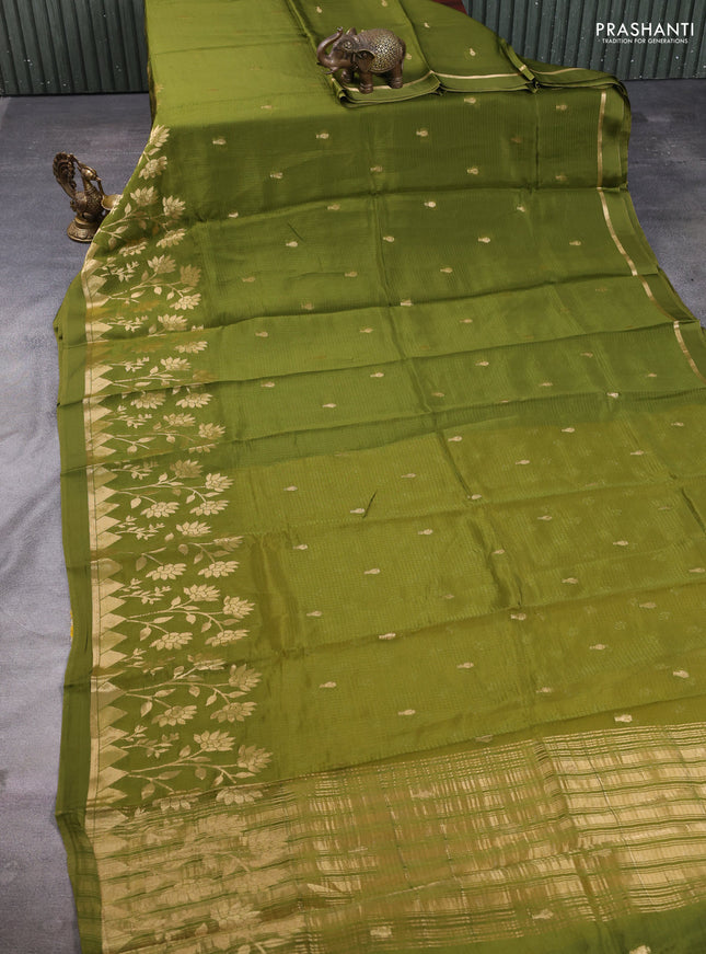 Art kota silk saree mehendi green and mustard yellow with allover zari woven buttas and floral zari woven border