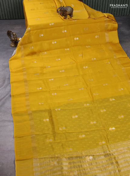 Art kota silk saree mustard yellow and green with allover silver & zari woven buttas and zari woven simple border