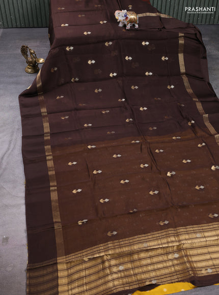Art kota silk saree dark coffee brown and mustard yellow with allover silver & zari woven buttas and zari woven simple border