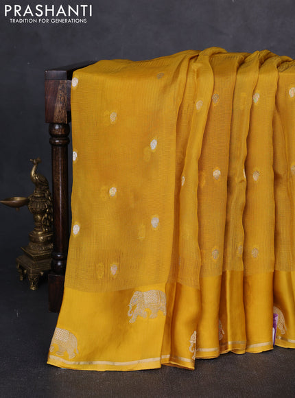 Art kota silk saree mustardf yellow and green with allover silver & zari woven buttas and elephant design zari woven border
