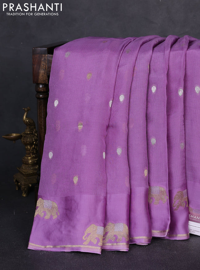 Art kota silk saree lavender and violet with allover silver & zari woven buttas and elephant design zari woven border