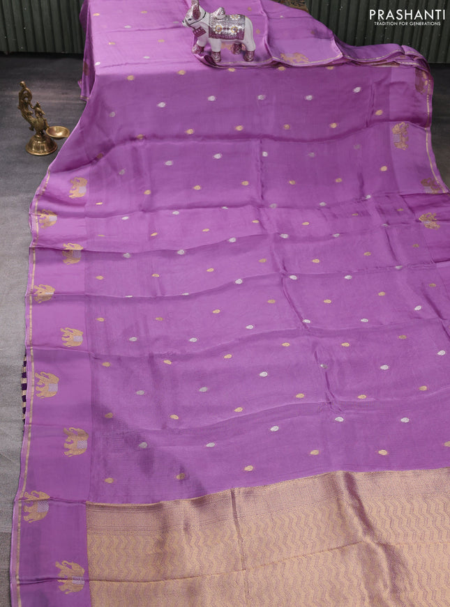 Art kota silk saree lavender and violet with allover silver & zari woven buttas and elephant design zari woven border