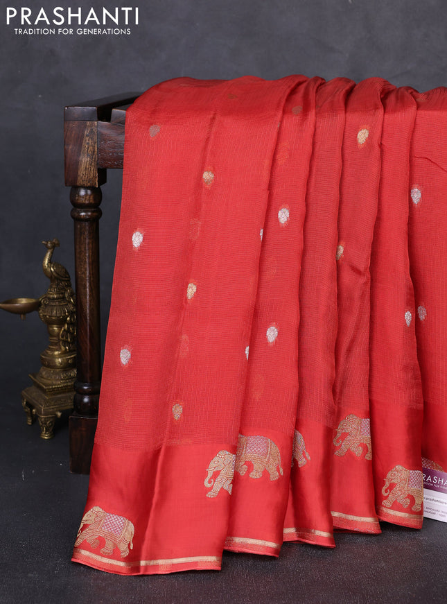 Art kota silk saree rustic orange and violet shade with allover silver & zari woven buttas and elephant design zari woven border