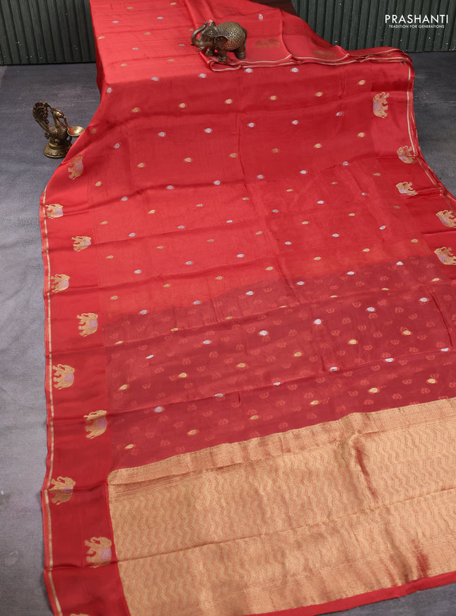 Art kota silk saree rustic orange and violet shade with allover silver & zari woven buttas and elephant design zari woven border