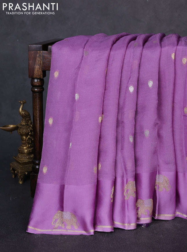 Art kota silk saree lavender and violet with allover silver & zari woven buttas and elephant design zari woven border